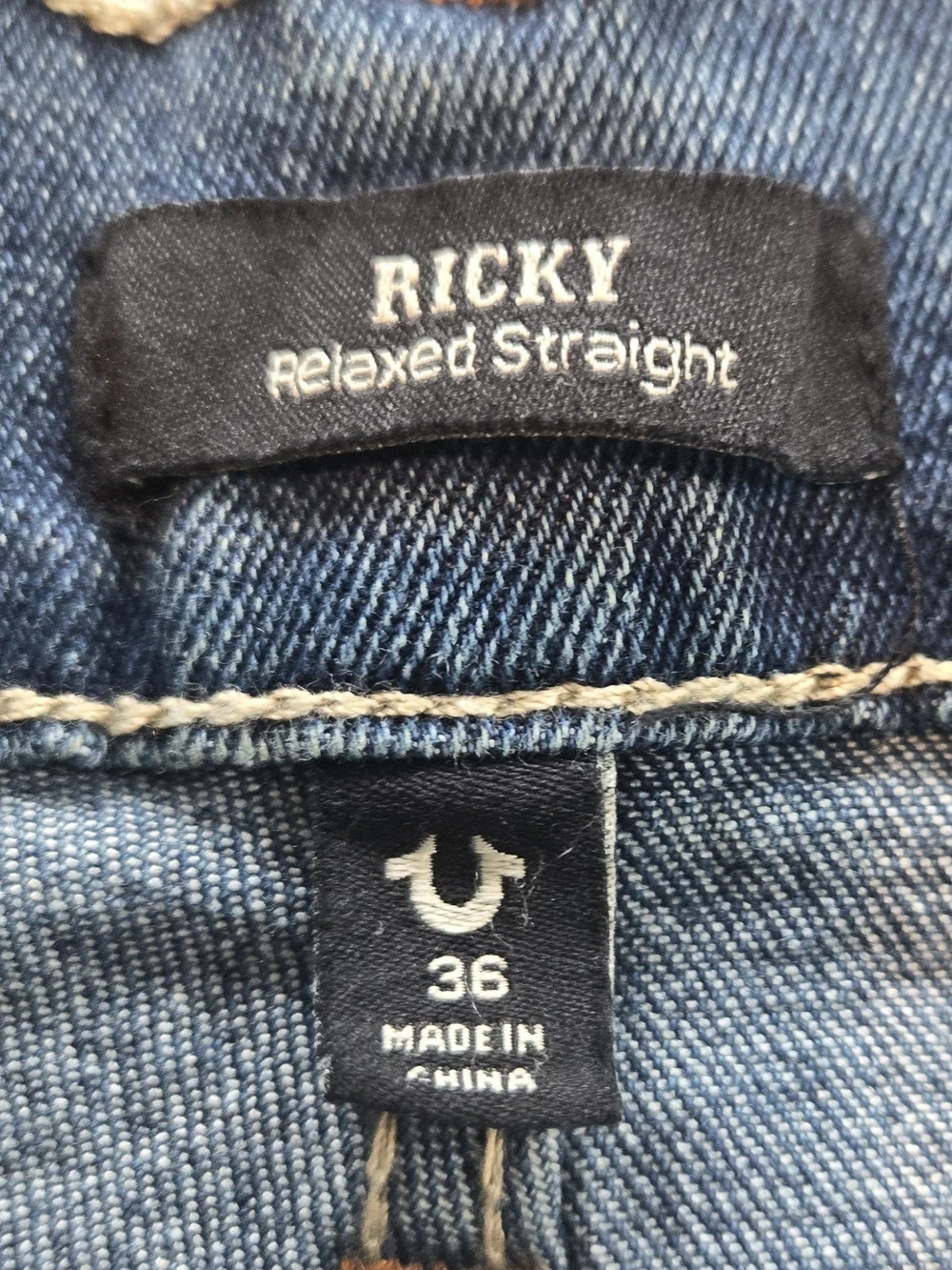 True Religion Mens Ricky Ladder Stitch Relaxed Straight Jeans 36x34 Ocean Storm